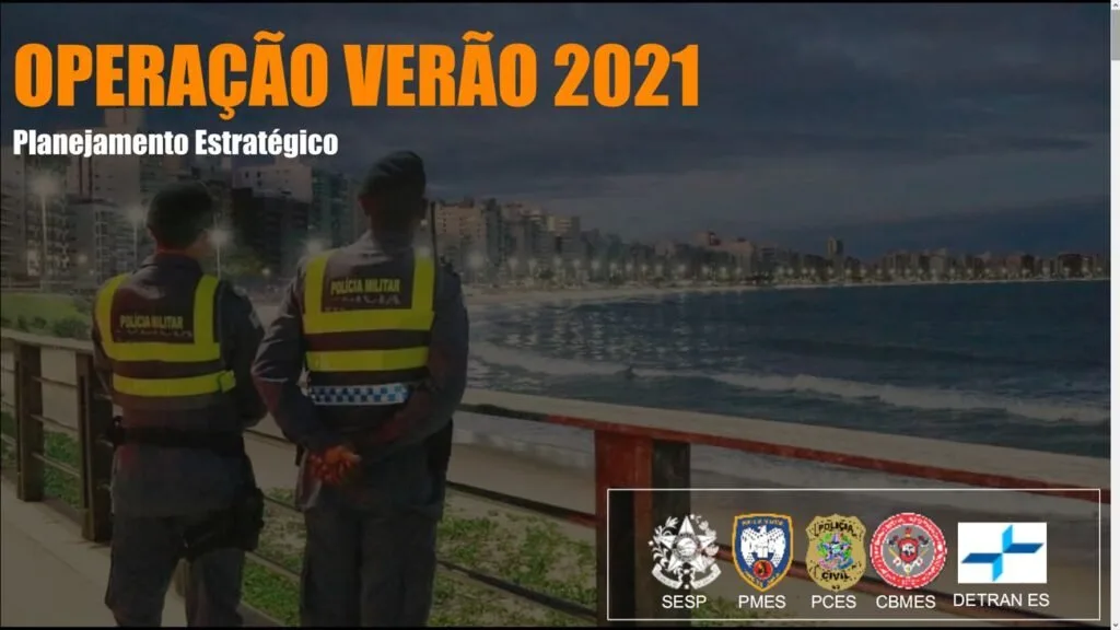 Arte com dois policiais militares diante de uma praia e o texto 'Operação Verão 2021'