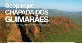 Capa de publicação com o título 'Geoparque Chapada dos Guimarães' sobre foto de formações rochosas