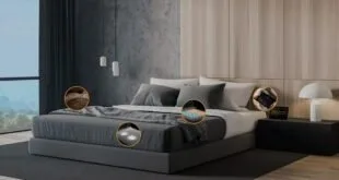 Cama de casal arrumada em quarto moderno de paredes cinza com luminárias douradas