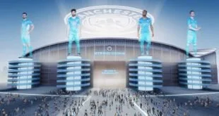 Ilustração de estádio de futebol com projeções gigantes de jogadores e multidão na entrada