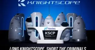 Fileira de robôs de segurança brancos em montagem com o texto 'Knightscope'
