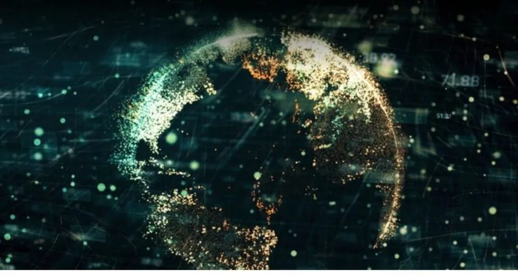 Globo terrestre formado por partículas luminosas sobre fundo escuro, ilustração sobre tecnologia