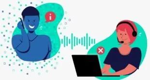Ilustração de pessoa falando com ondas sonoras e outra ao notebook, sobre reconhecimento de voz