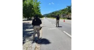 Dois agentes da PRF de costas fiscalizando rodovia arborizada em dia ensolarado