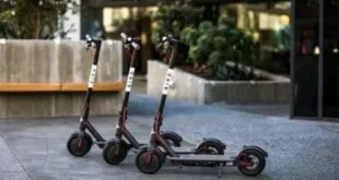 Três patinetes elétricos estacionados lado a lado em calçada de área urbana arborizada