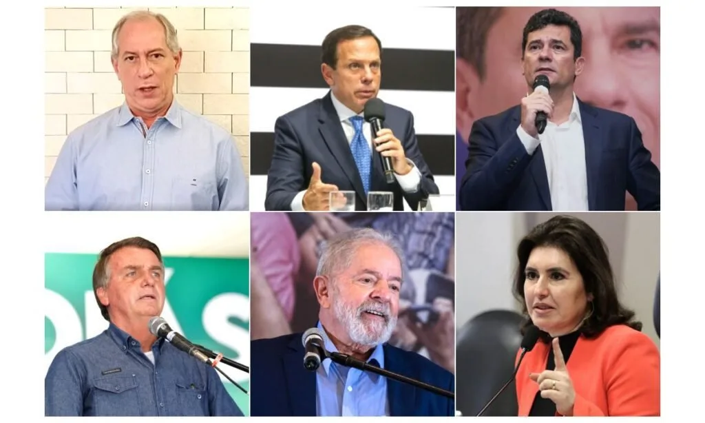 Mosaico com seis retratos de políticos falando ao microfone em eventos