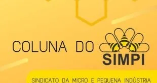 Cartão amarelo com favos e uma abelha e o texto Coluna do Simpi, do sindicato da micro indústria