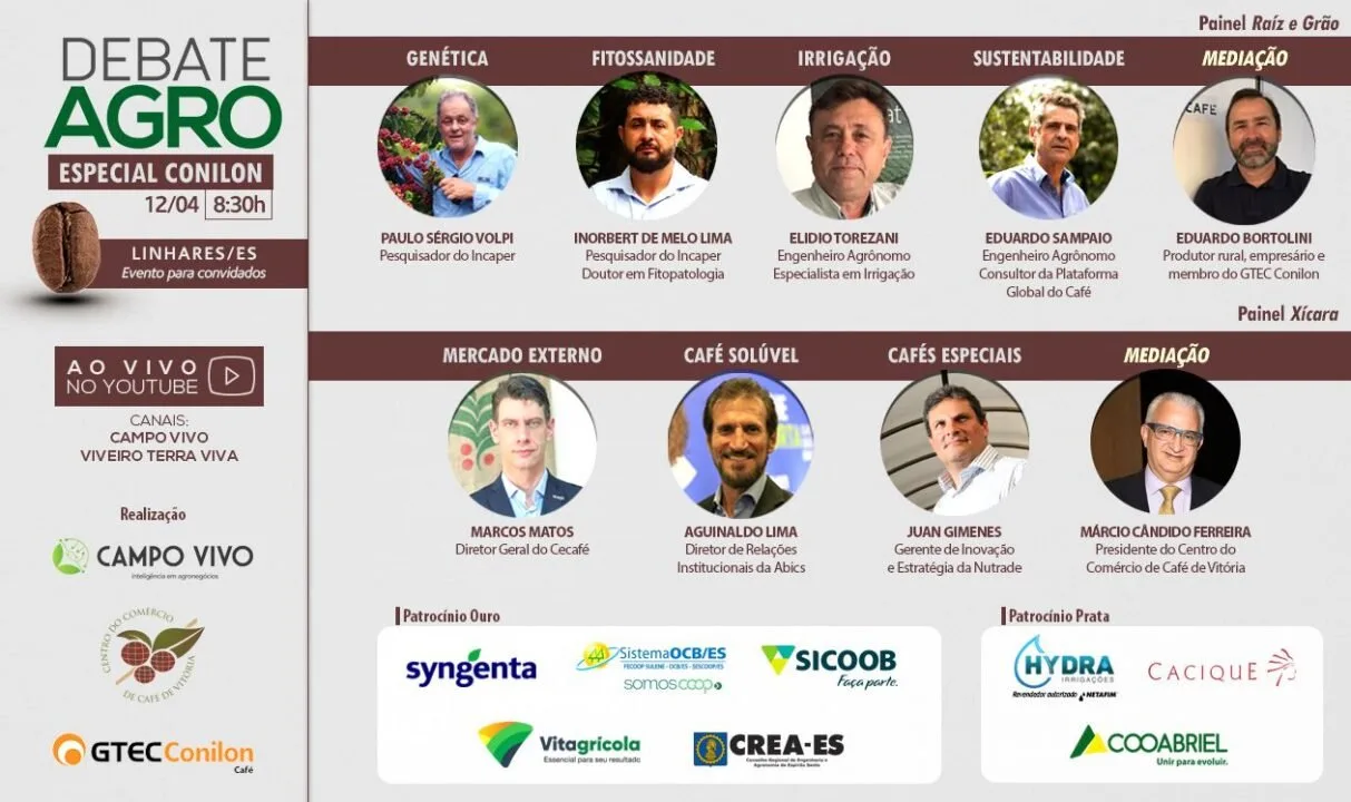 Cartão de programação com fotos de palestrantes divididos por painéis e logotipos de patrocinadores