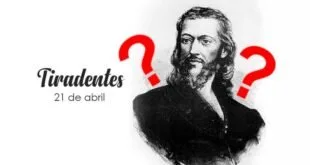 Ilustração em preto e branco de homem barbudo de perfil ao lado de grande ponto de interrogação vermelho