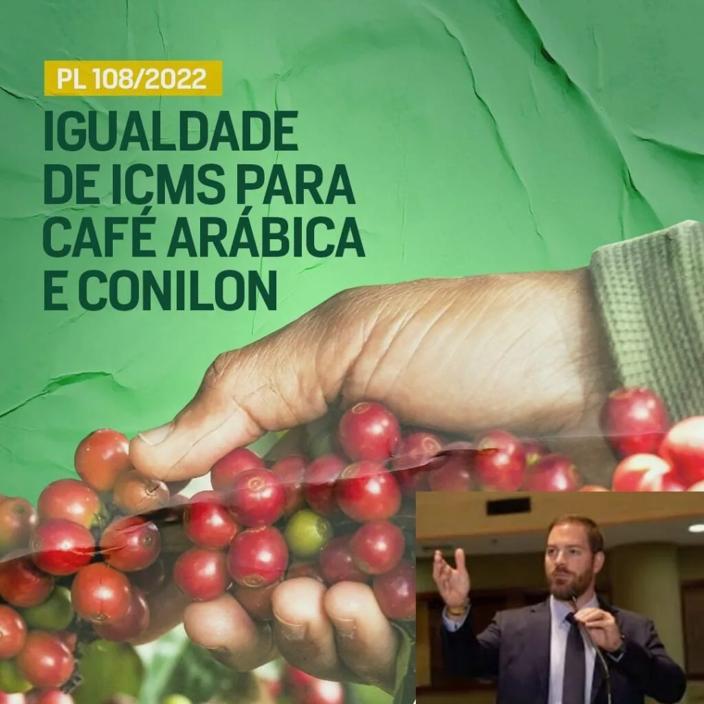 Cartão com o texto 'Igualdade de ICMS para café arábica e conilon' sobre mão cheia de grãos