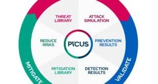 Diagrama circular colorido com etapas de simulação e validação em torno da marca Picus