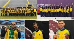 Mosaico de fotos de atletas uniformizados de amarelo exibindo medalhas em pódios