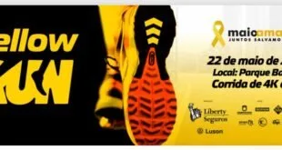 Banner do Maio Amarelo com sola de tênis em destaque sobre fundo amarelo e preto