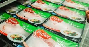 Embalagens de filé de tilápia empilhadas em expositor refrigerado de supermercado
