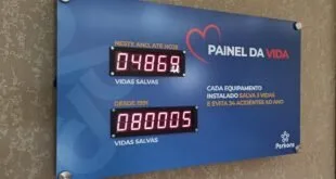 Painel eletrônico azul com o título 'Painel da Vida' e contadores digitais de vidas salvas