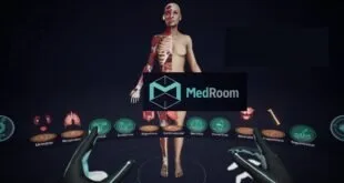 Captura de tela de ambiente virtual com corpo humano em 3D e menu de sistemas do corpo
