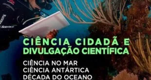Cartão de chamada pública sobre ciência cidadã e divulgação científica com foto submarina
