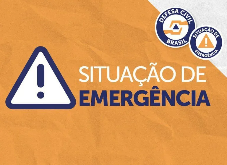 Cartão laranja com o texto 'Situação de Emergência' e logotipo da Defesa Civil
