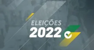 Cartão com o texto 'Eleições 2022' em letras grandes sobre fundo azul-escuro