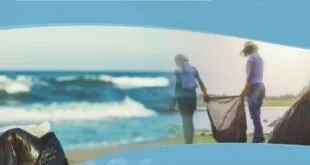 Pessoa caminhando na areia com sacola à beira-mar em arte com moldura azul