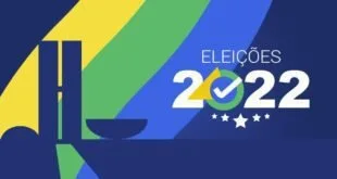 Cartão com o texto 'Eleições 2022' e ícone de voto sobre faixas verdes, azuis e amarelas