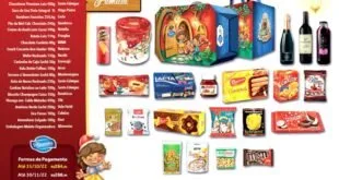 Montagem com cestas de Natal e diversos produtos alimentícios embalados