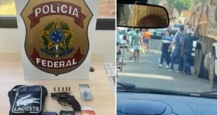 Revólver, munições e material de campanha apreendidos diante de placa da Polícia Federal
