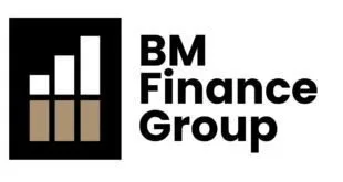 Logotipo da BM Finance Group em preto e dourado sobre fundo branco