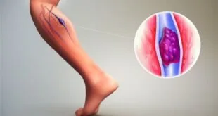 Ilustração de perna humana com destaque ampliado de coágulo dentro de um vaso sanguíneo