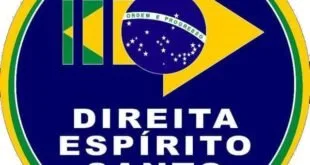 Emblema circular com a bandeira do Brasil e o texto 'Direita Espírito Santo'