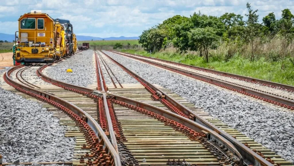 Trilhos de ferrovia com desvio em meio à vegetação sob céu nublado