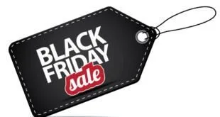 Etiqueta preta de preço com o texto 'Black Friday sale' sobre fundo branco