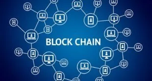 Ilustração de rede de dispositivos conectados com o texto 'Block Chain' sobre fundo azul