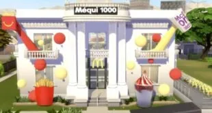 Ilustração 3D de lanchonete virtual com letreiro 'Méqui 1000', balões e escorregador
