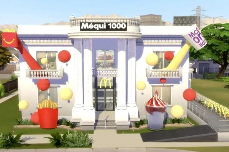 Ilustração 3D de lanchonete virtual com letreiro 'Méqui 1000', balões e escorregador