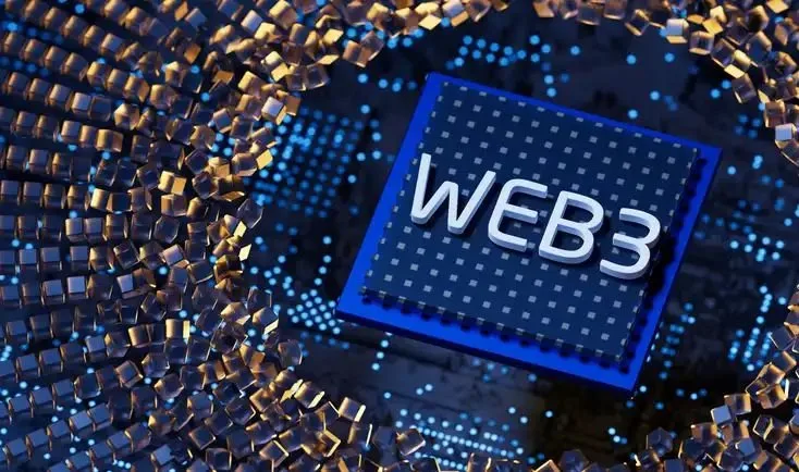 Chip de computador com a inscrição 'Web3' em placa eletrônica azul