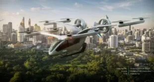 Ilustração de aeronave elétrica de decolagem vertical sobrevoando parque e prédios de uma cidade