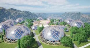 Ilustração de domos de vidro em vale verde cercado por montanhas