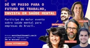 Cartão de divulgação do 'Mental Health Summit 2023' com fotos de participantes sobre fundo azul