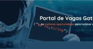 Astronauta segurando placa com 'We're hiring' ao lado do título 'Portal de Vagas Gateware'