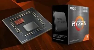 Processador AMD Ryzen ao lado da caixa preta do produto sobre fundo escuro