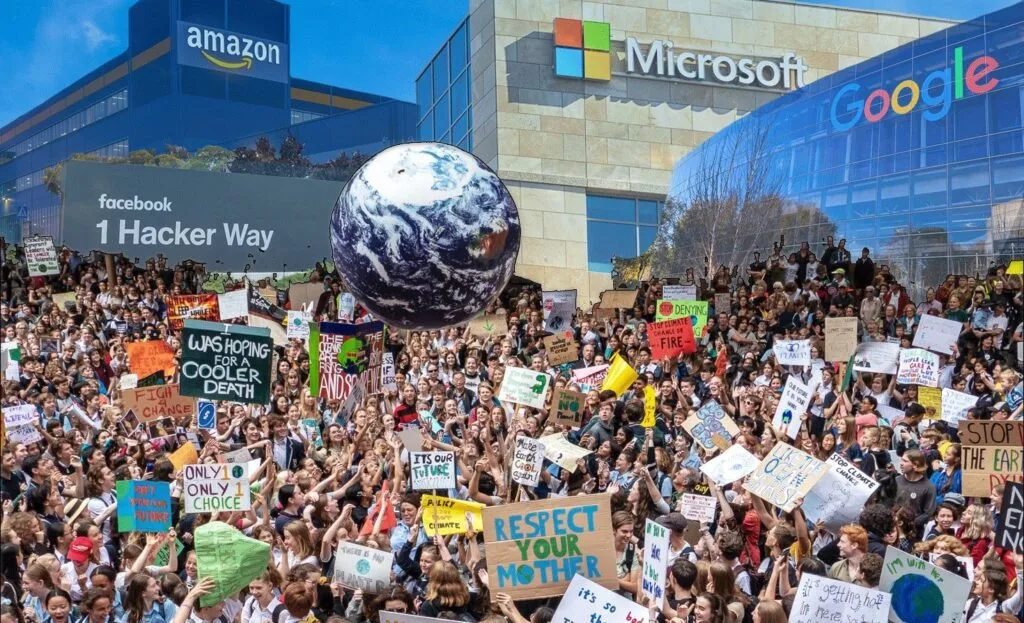 Montagem com fachadas de sedes de empresas de tecnologia e multidão erguendo cartazes