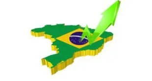 Mapa em relevo do Brasil nas cores da bandeira com seta verde apontando para cima