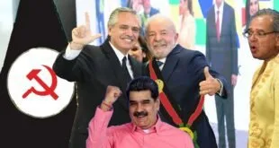 Montagem com políticos sorrindo em trajes formais ao lado de símbolo de foice e martelo em círculo branco