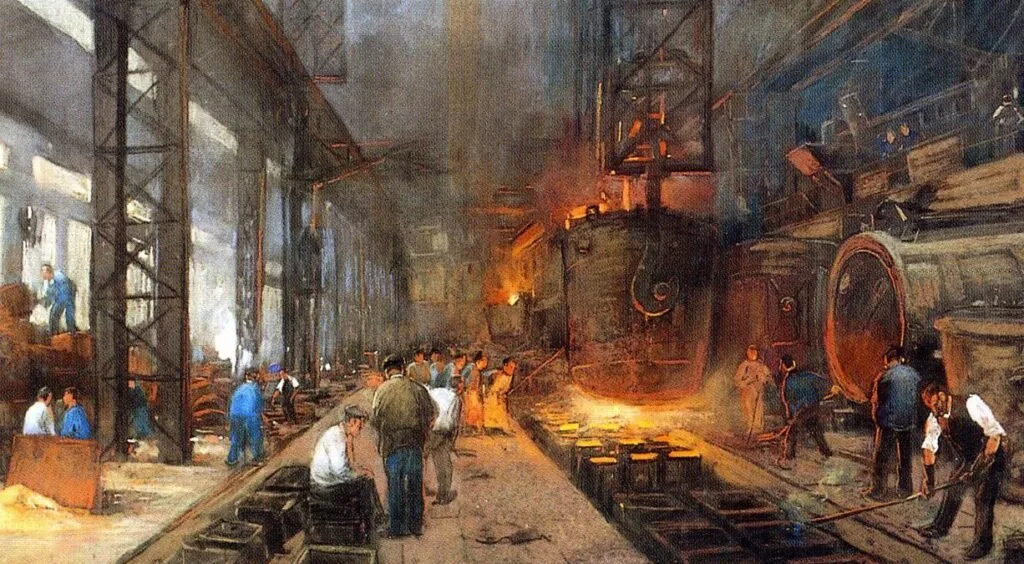 Pintura de interior de fábrica siderúrgica antiga com operários diante de forno em brasa