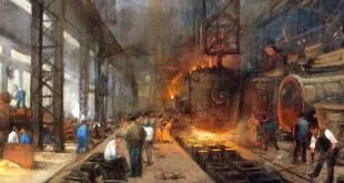 Pintura de interior de fábrica siderúrgica antiga com operários diante de forno em brasa