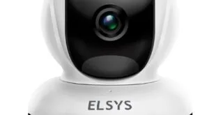 Câmera de segurança branca e preta de formato arredondado com a marca Elsys sobre fundo branco
