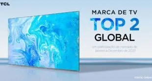 Televisor de tela plana em peça publicitária com as palavras 'TOP GLOBAL' sobre fundo azul