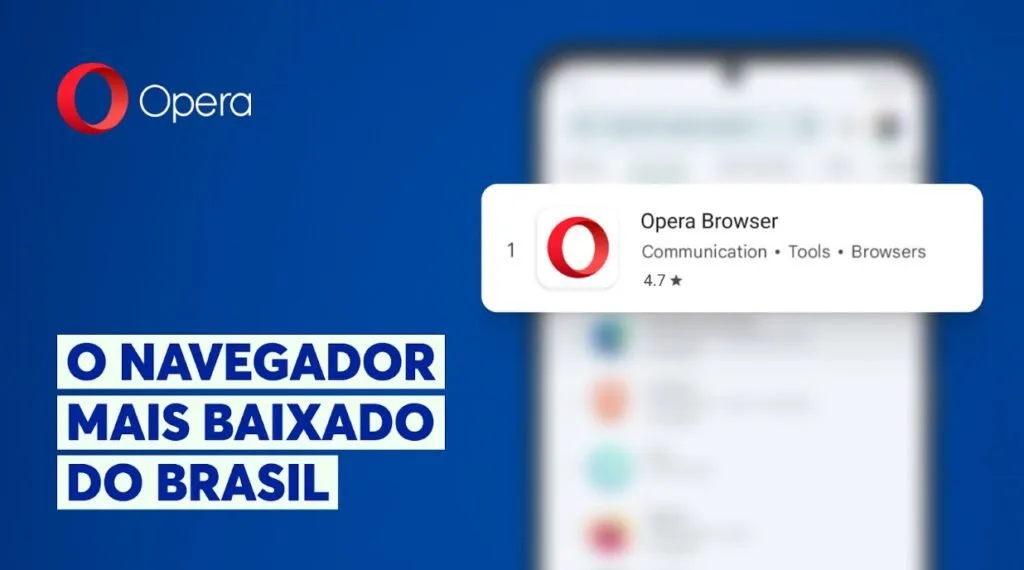 Cartão azul com tela de celular exibindo o Opera Browser em lista de aplicativos e texto em letras grandes
