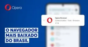 Cartão azul com tela de celular exibindo o Opera Browser em lista de aplicativos e texto em letras grandes